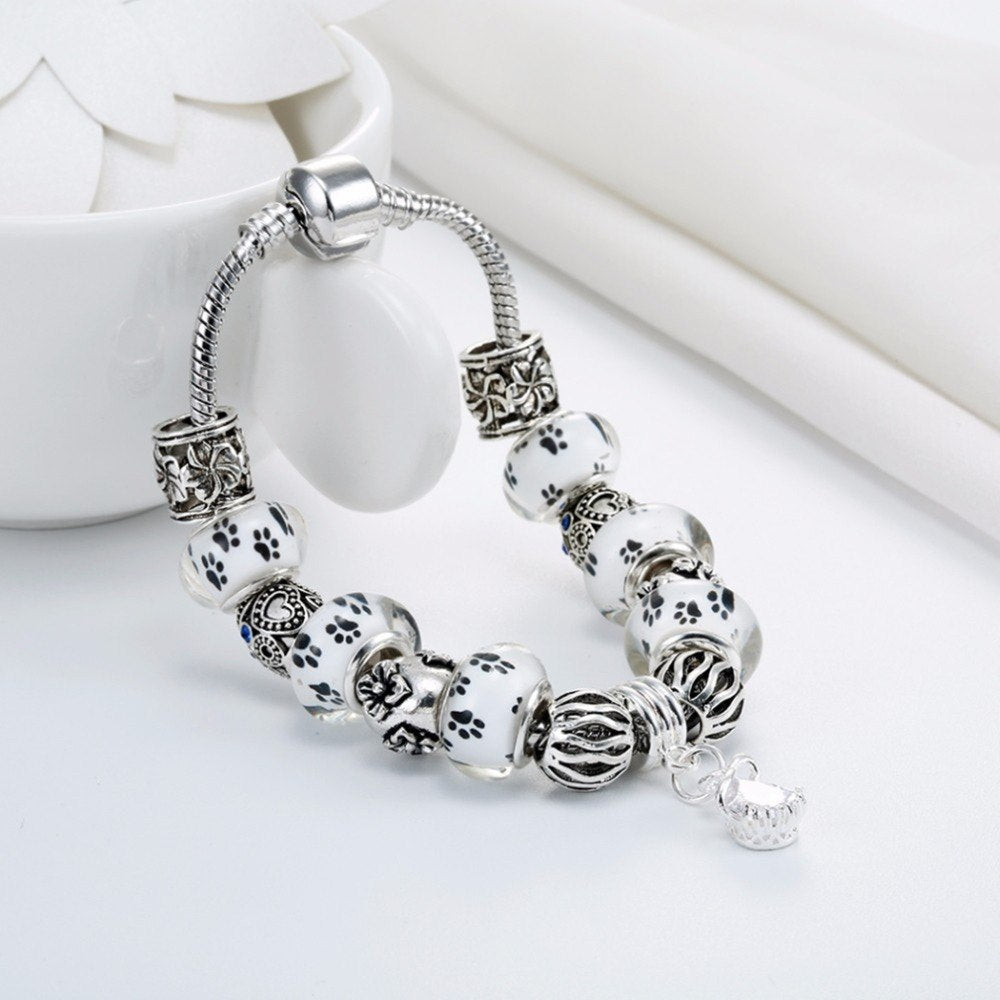 Paw Print Beaded Bracelet with Crystal